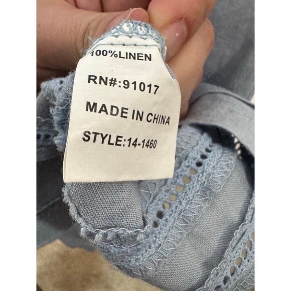 100% Linen Light Blue Embroidered Floral Knee Length Preppy Cottage S Sleeveless - Picture 6 of 8